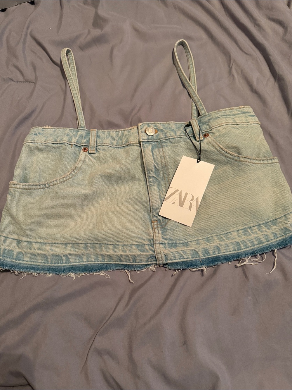 ZARA Light Blue Denim Mini Skirt with Thin Straps